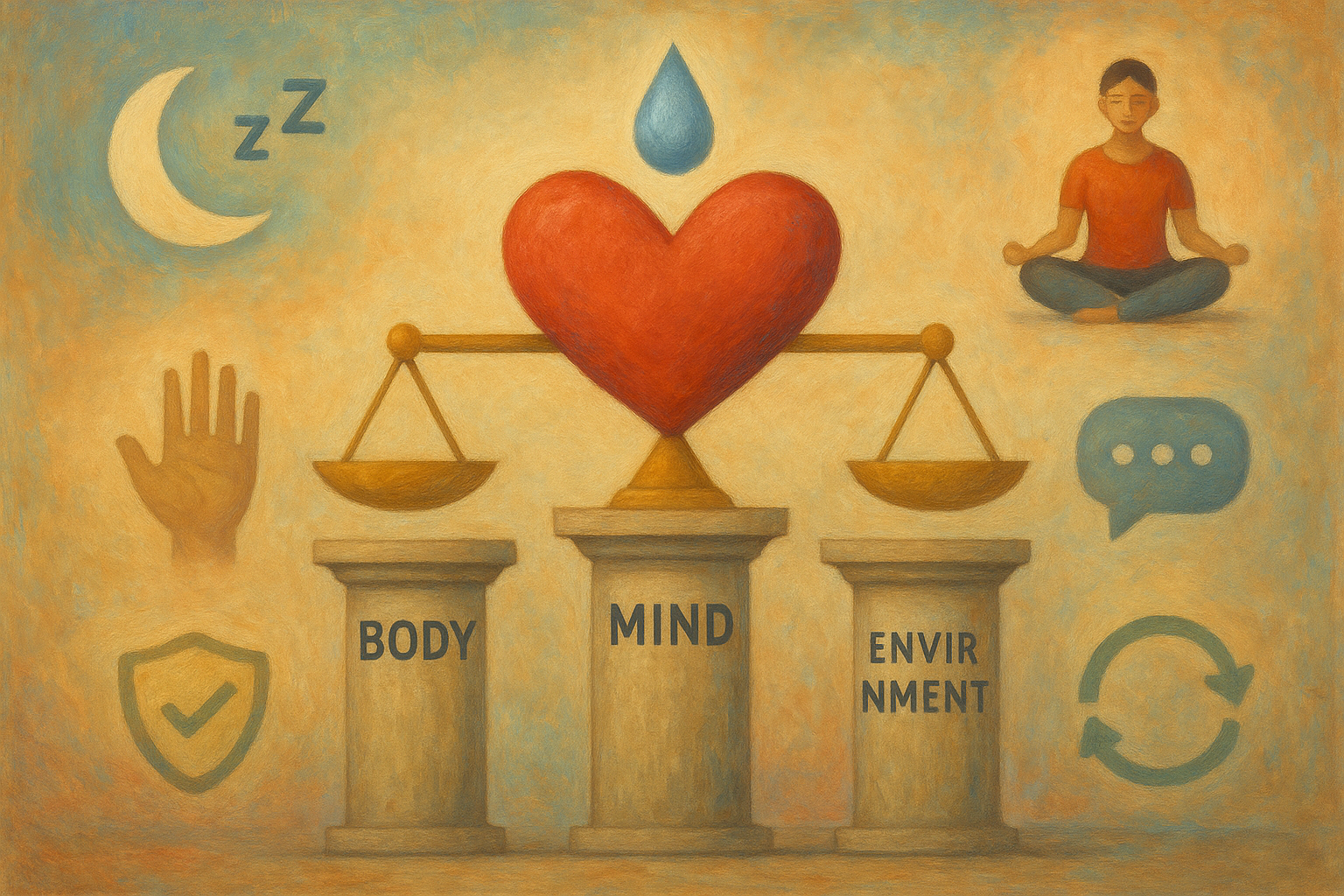 Abstract infographic of three pillars—body, mind, environment—supporting a balanced heart scale, representing sexual wellness pillars
