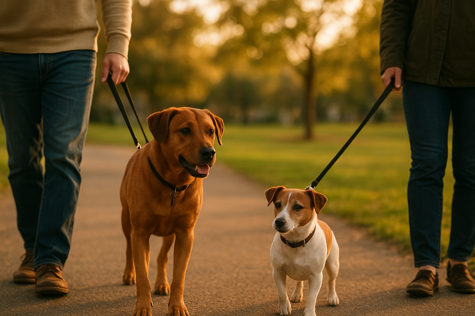Two dogs doing a calm parallel walk on leash in a park