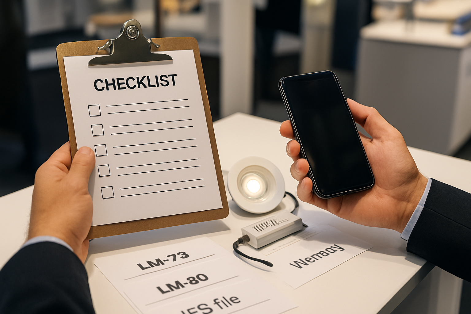 A buyer planning a booth route and supplier shortlist with a checklist and phone at a lighting stand