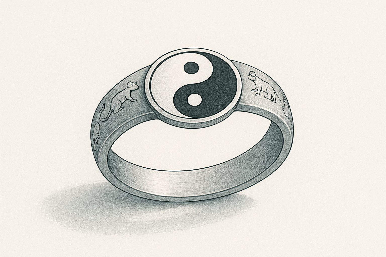 Minimalist illustration of a yin-yang zodiac ring in sterling silver