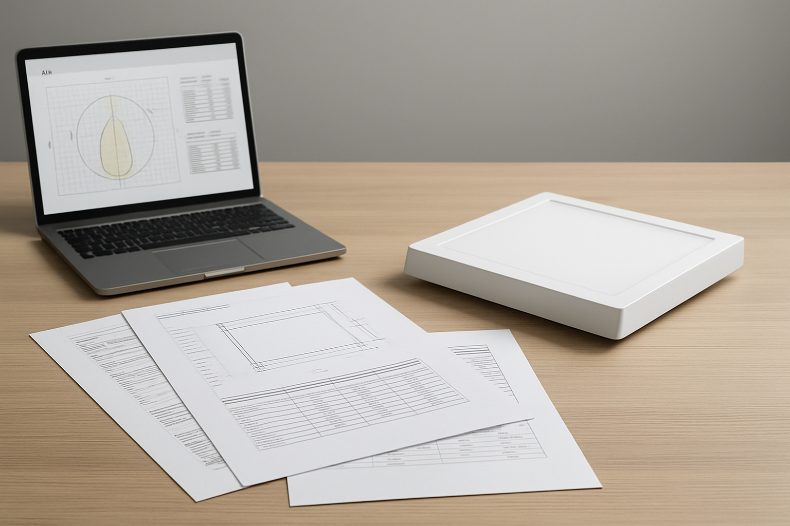 Lighting specification sheets and a surface-mounted LED panel sample next to a laptop
