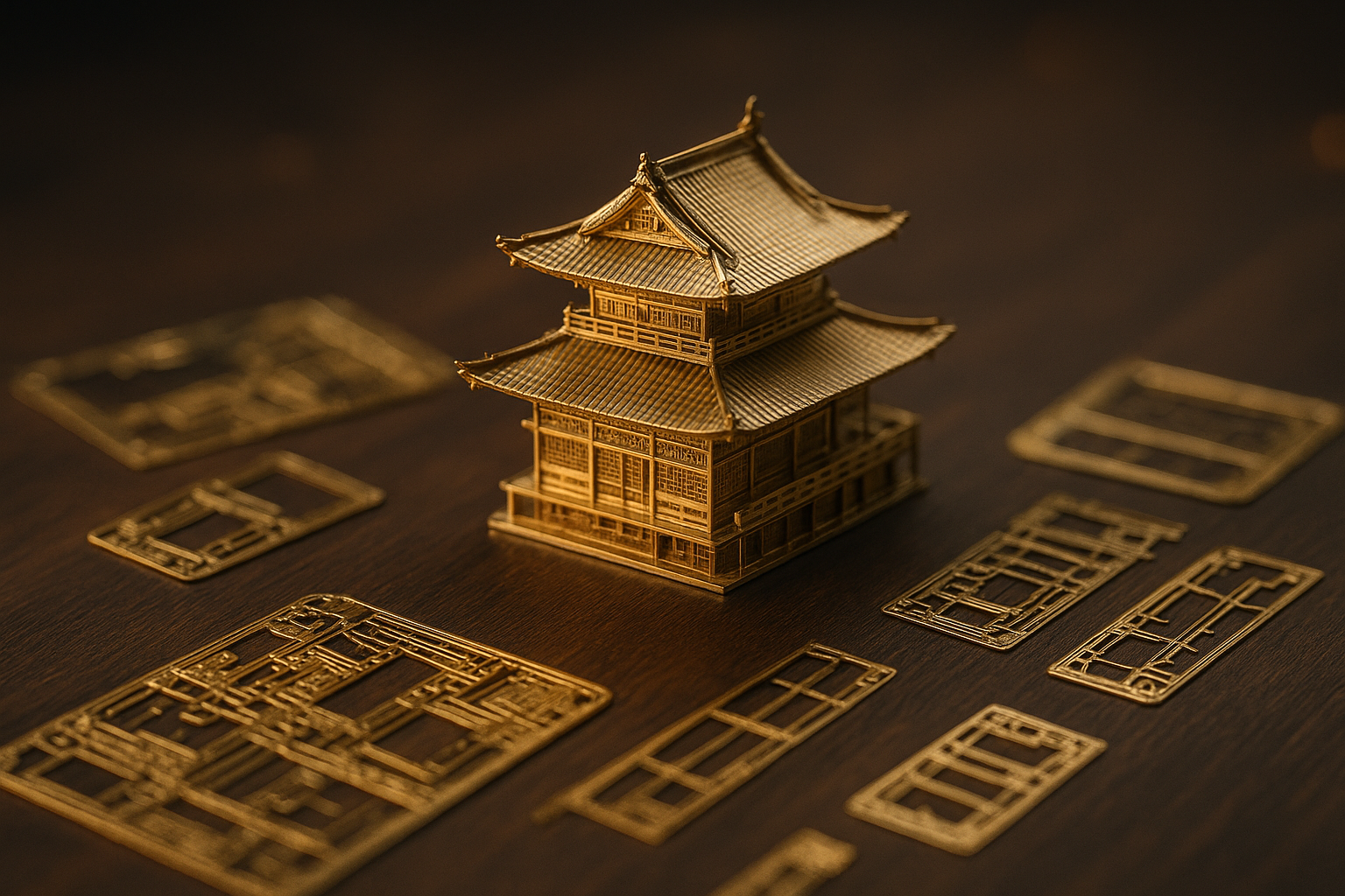 高級ギフトとしての3D金属組立模型（精密な金属パーツと机上の光）