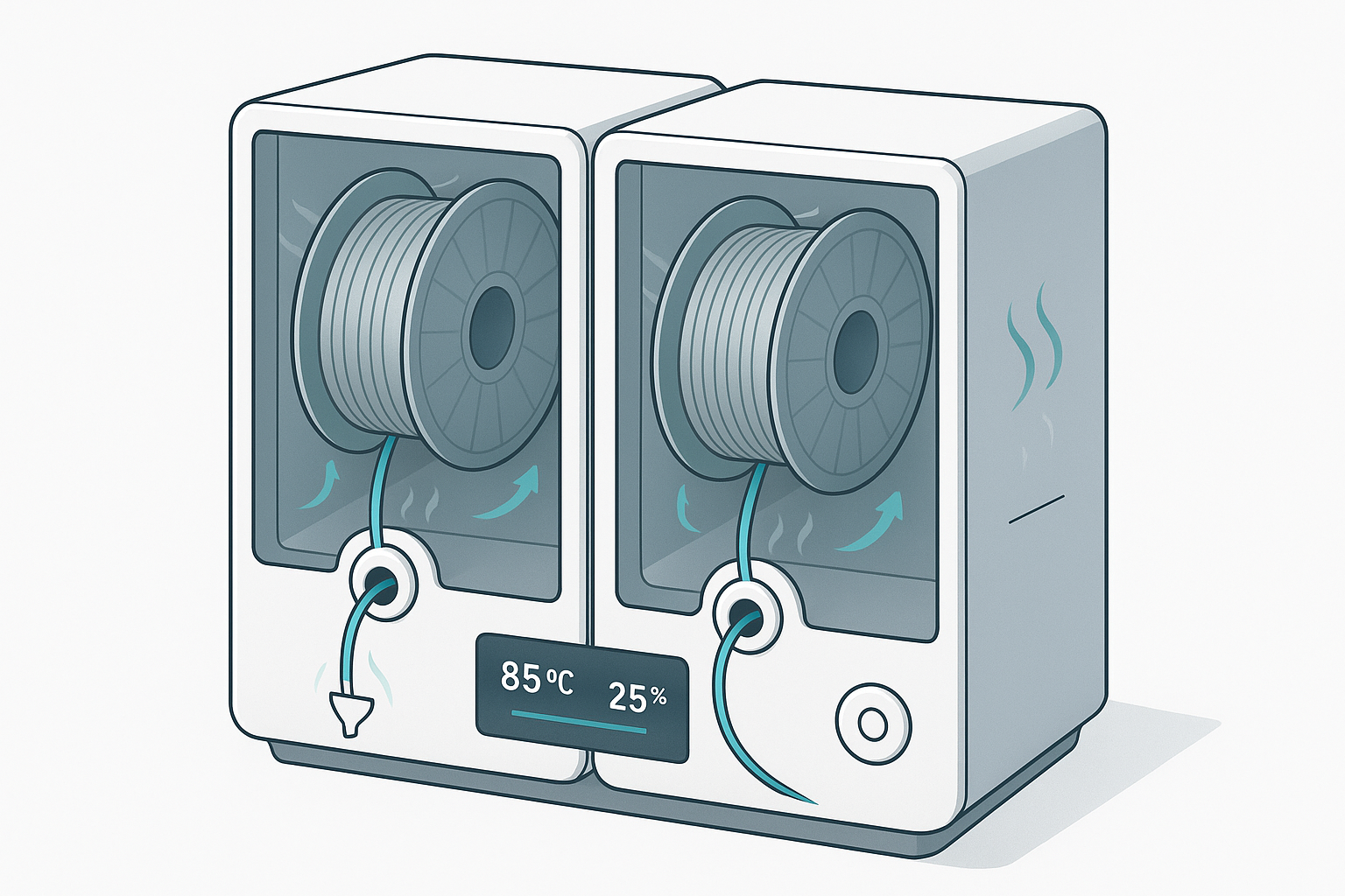 Illustration of a dual‑chamber filament dryer showing independent chambers, sealed PTFE feed‑through ports for live printing, and on‑device temperature/humidity display