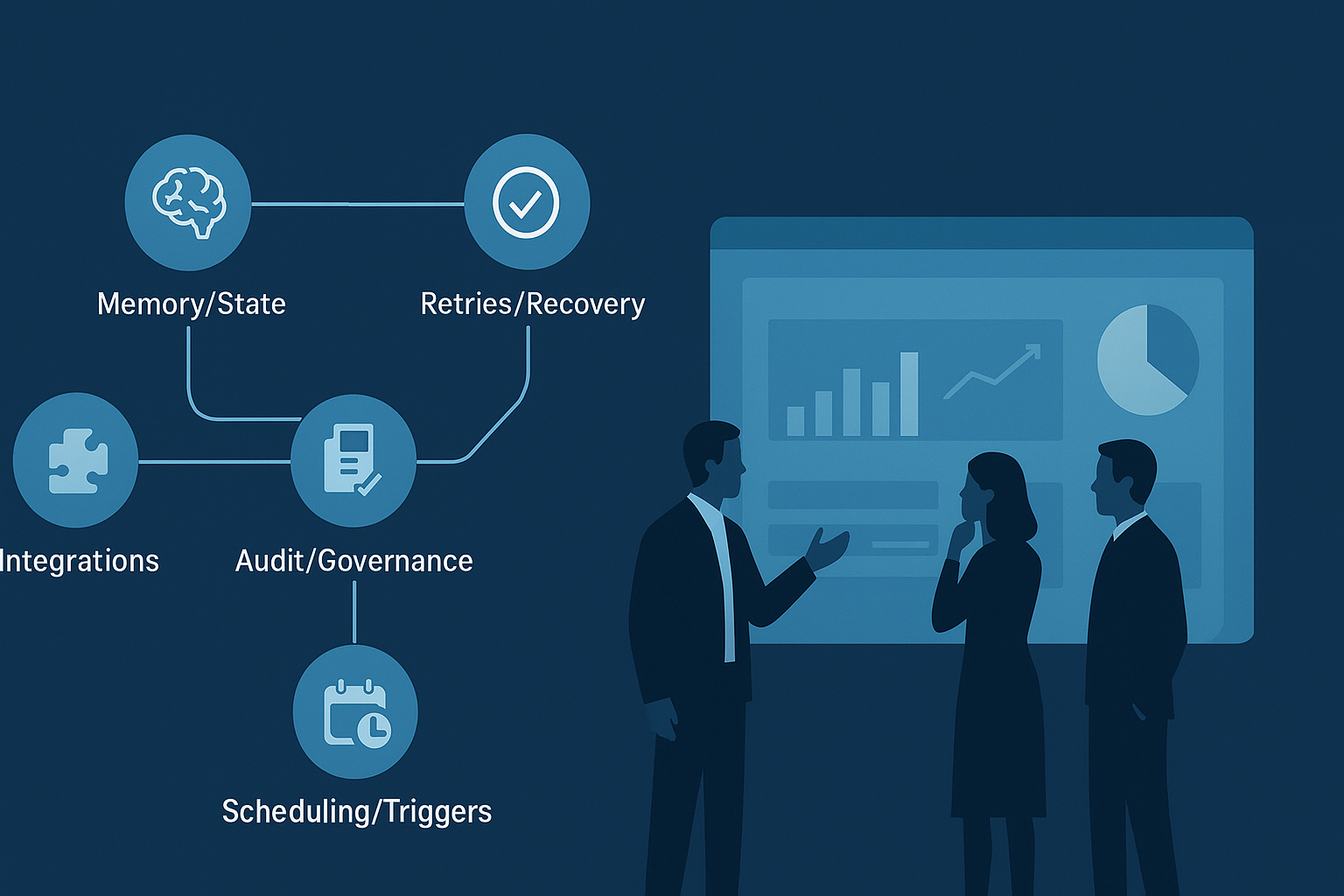 Feature image: abstract multi-agent marketing workflow diagram with five connected orchestration essentials and a small team reviewing a dashboard