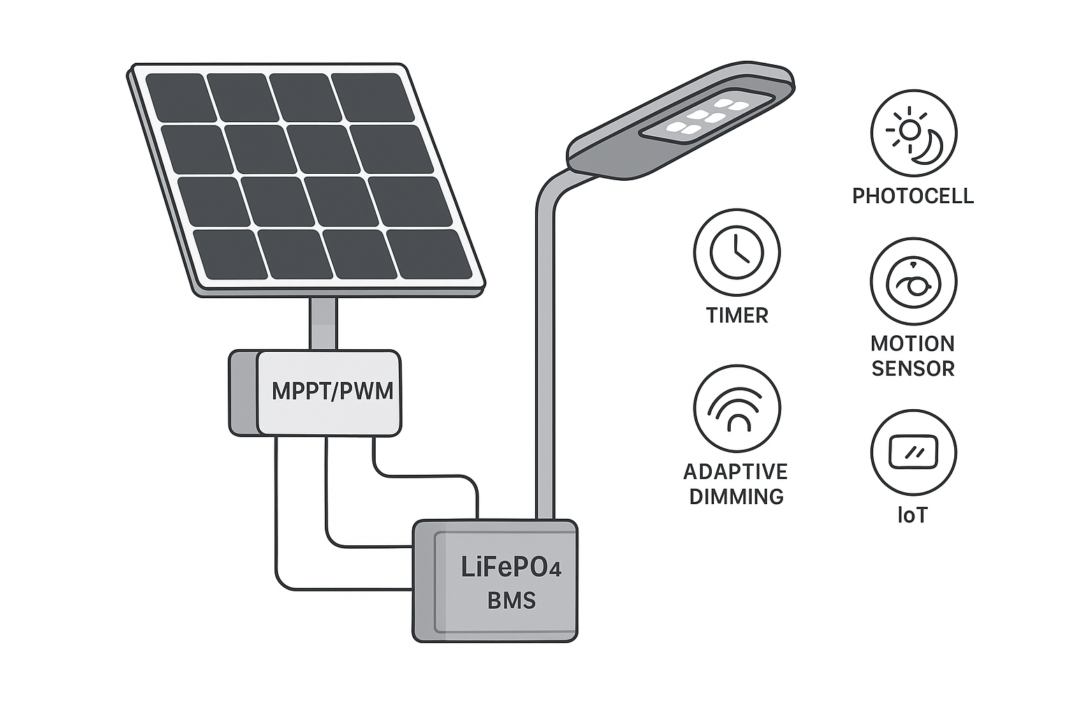Diagram of solar street light subsystems and common control modes