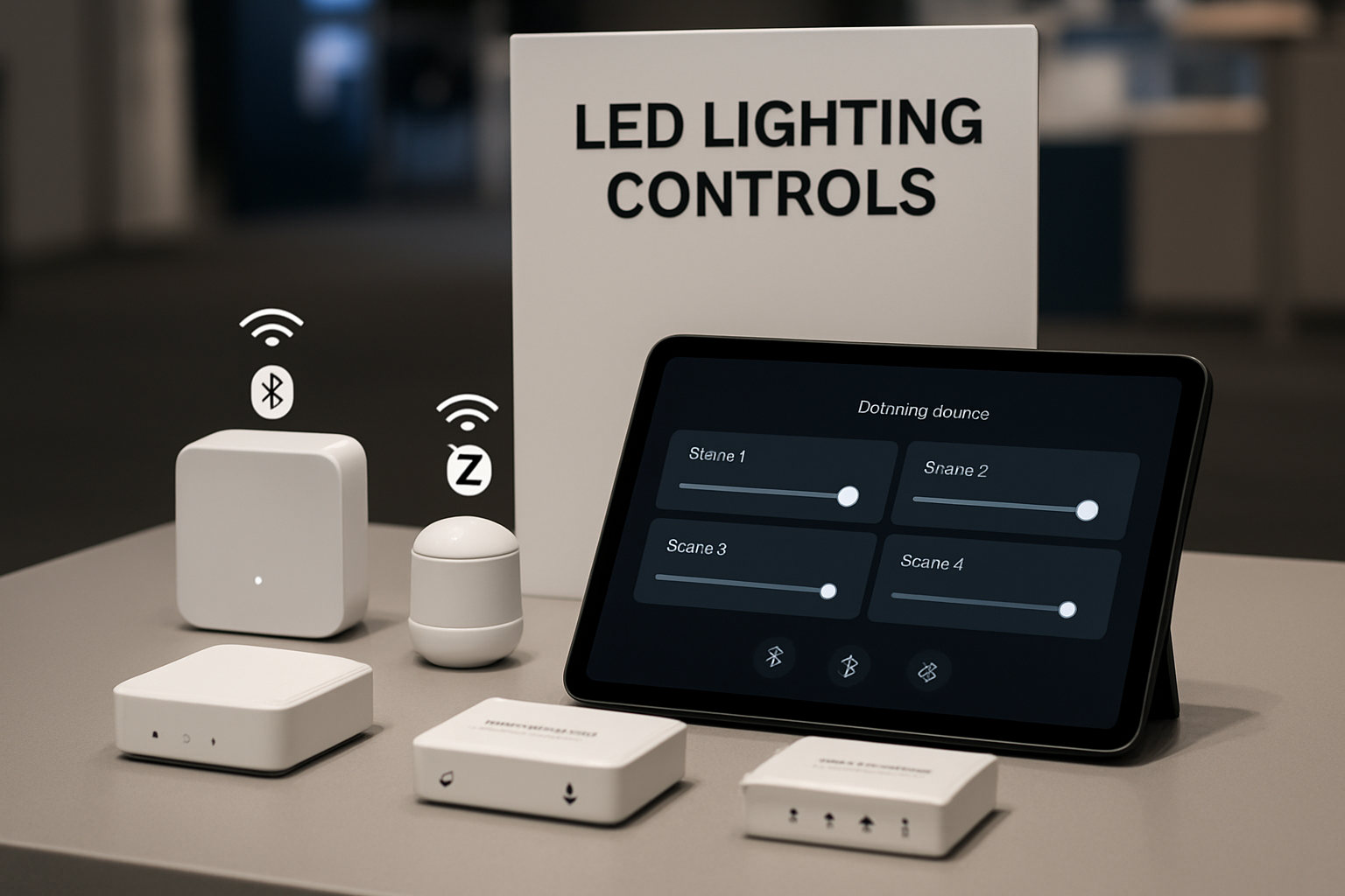 A trade-show controls demo table showing gateways, sensors, and a tablet dashboard for dimming scenes