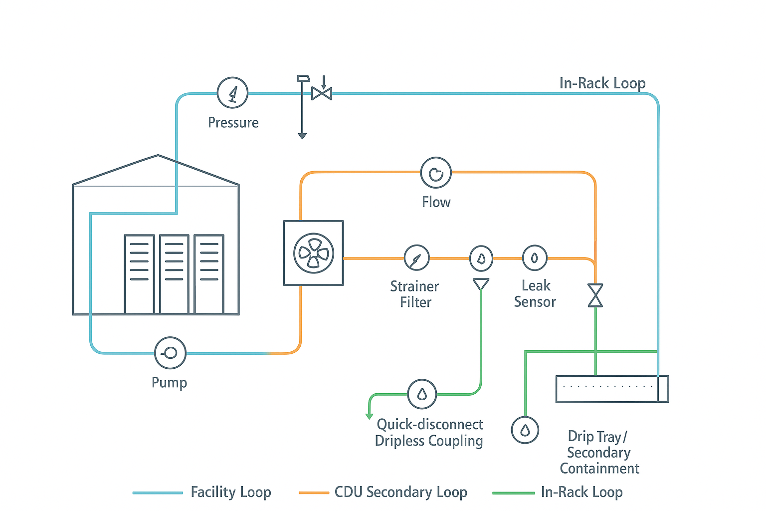 Architecture schematic of segmented liquid cooling loops with facility loop, CDU secondary loop, in-rack loop, isolation valves, sensors, and relief paths