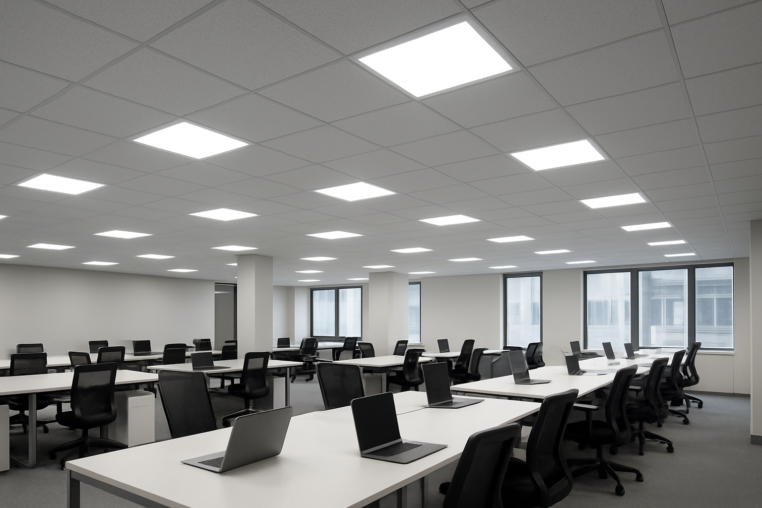 Modern open-plan office with a grid of surface-mounted LED panel lights providing uniform illumination