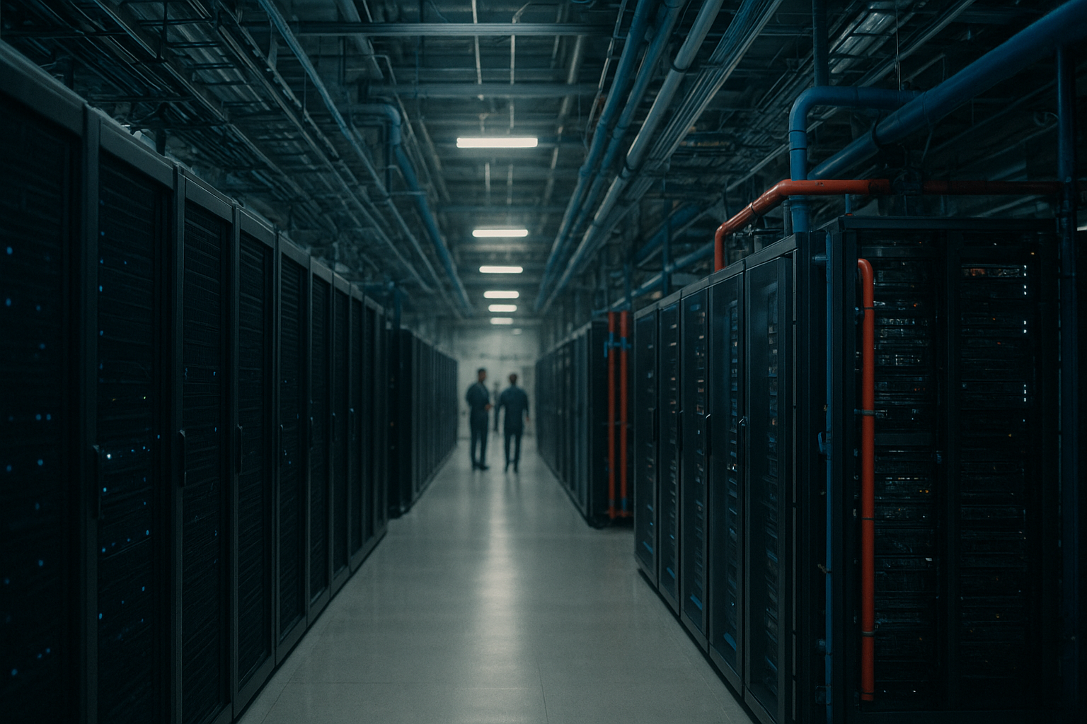 A modern AI/HPC data hall with mixed air and liquid-cooled racks