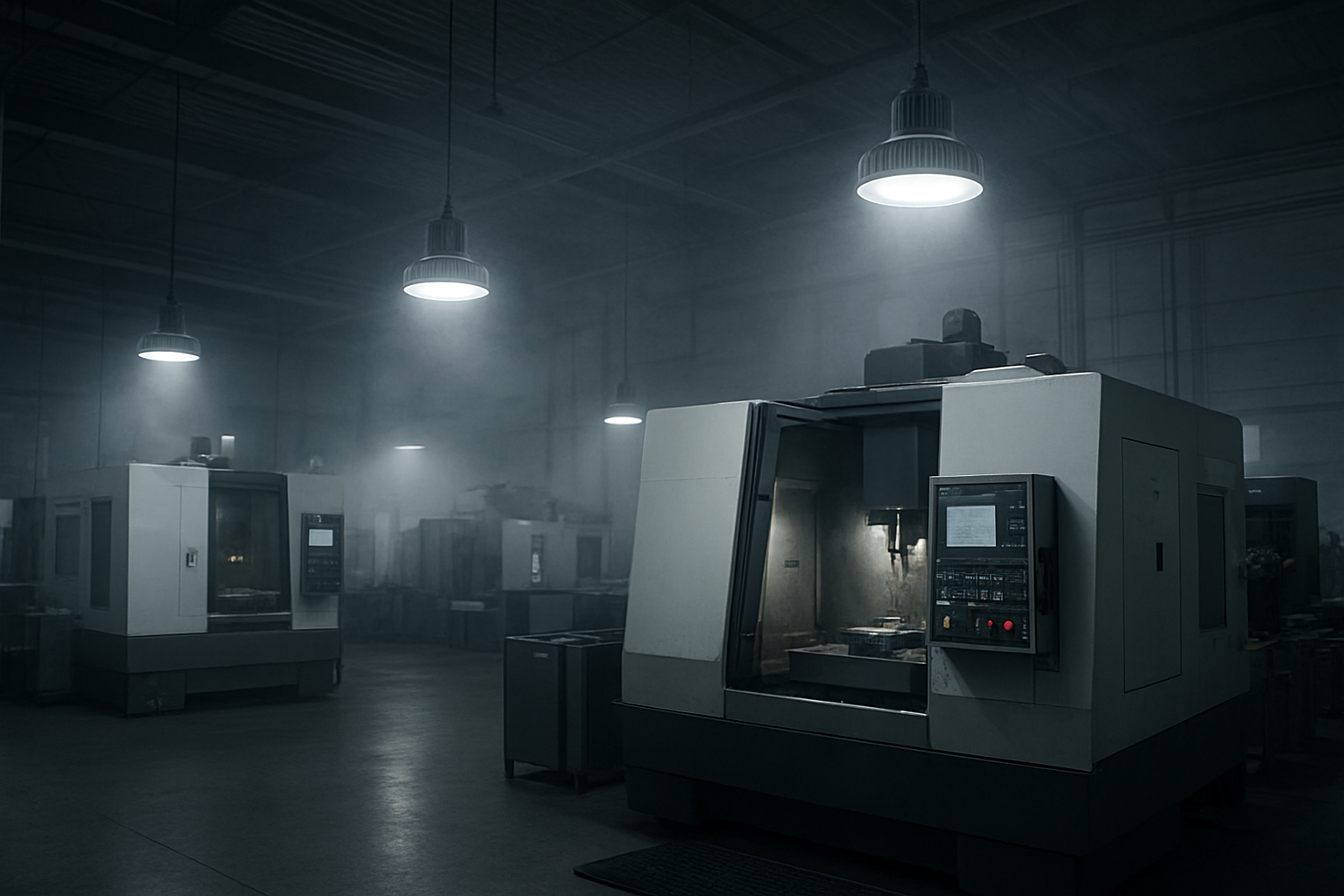 오일 미스트와 밀봉된 하이 베이 조명을 갖춘 CNC 가공 영역