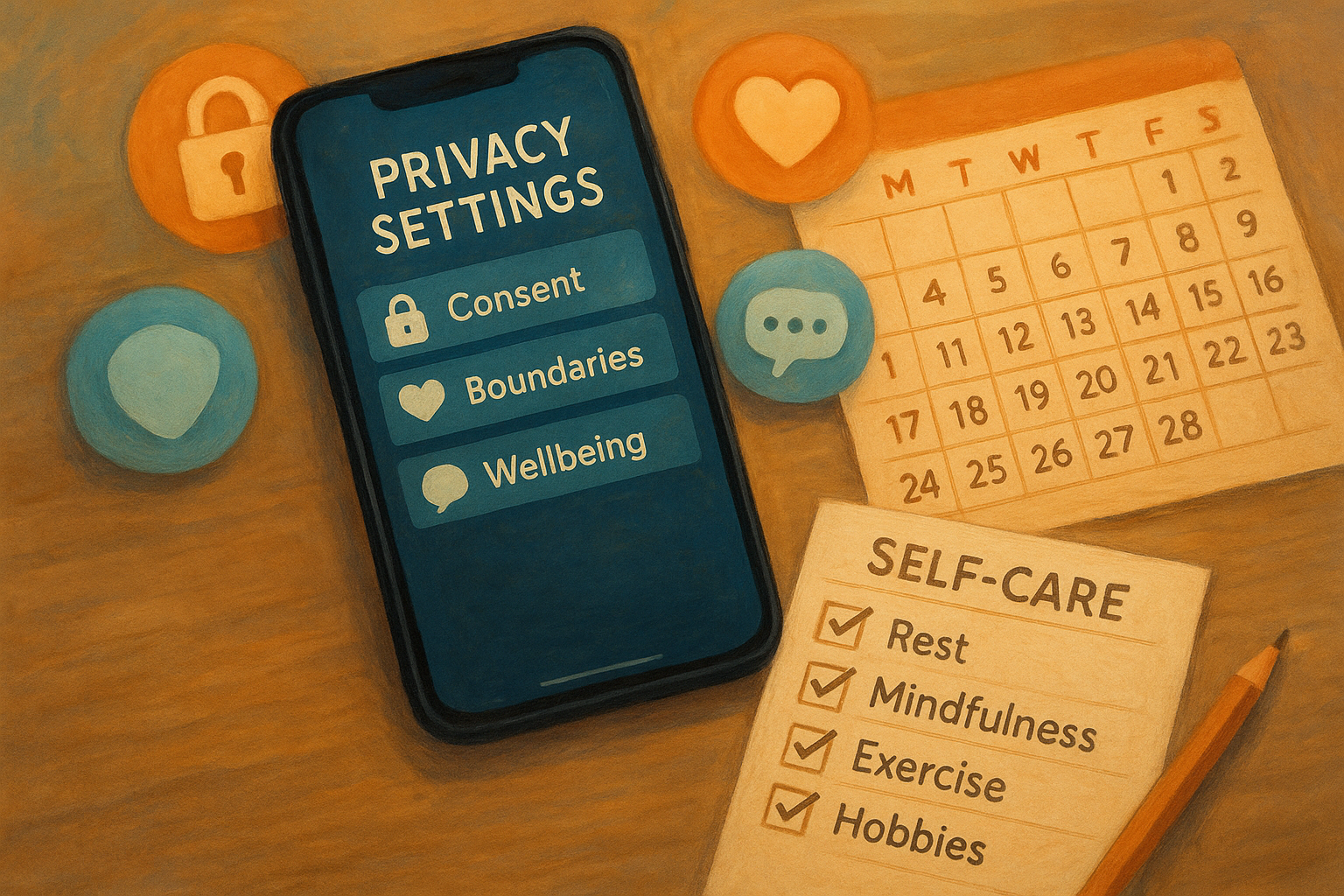 Tasteful digital illustration of privacy settings, consent, boundaries, and self-care checklist on a desk