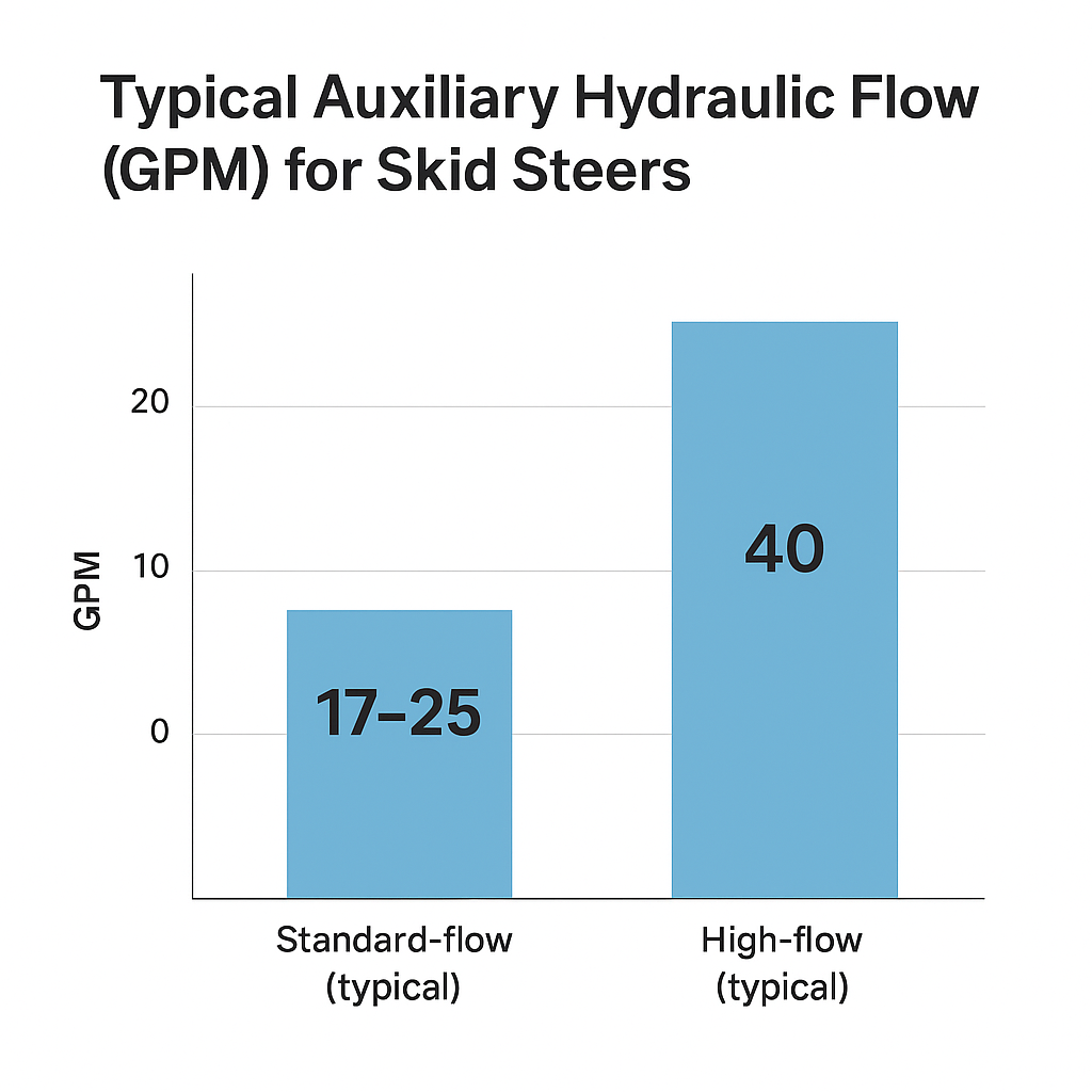 Bar chart showing typical auxiliary hydraulic flow bands for standard-flow vs high-flow skid steers