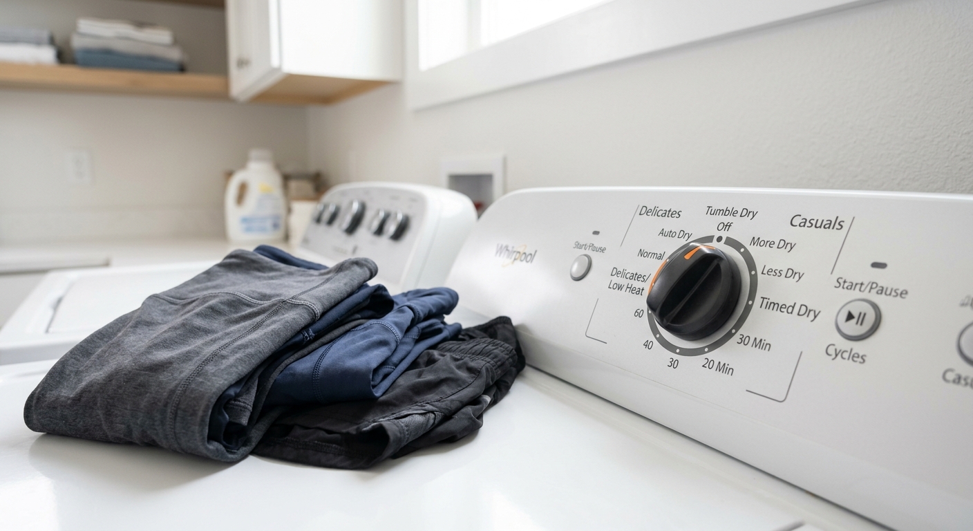 In-body image: dryer dial on delicates/low heat next to nylon leggings