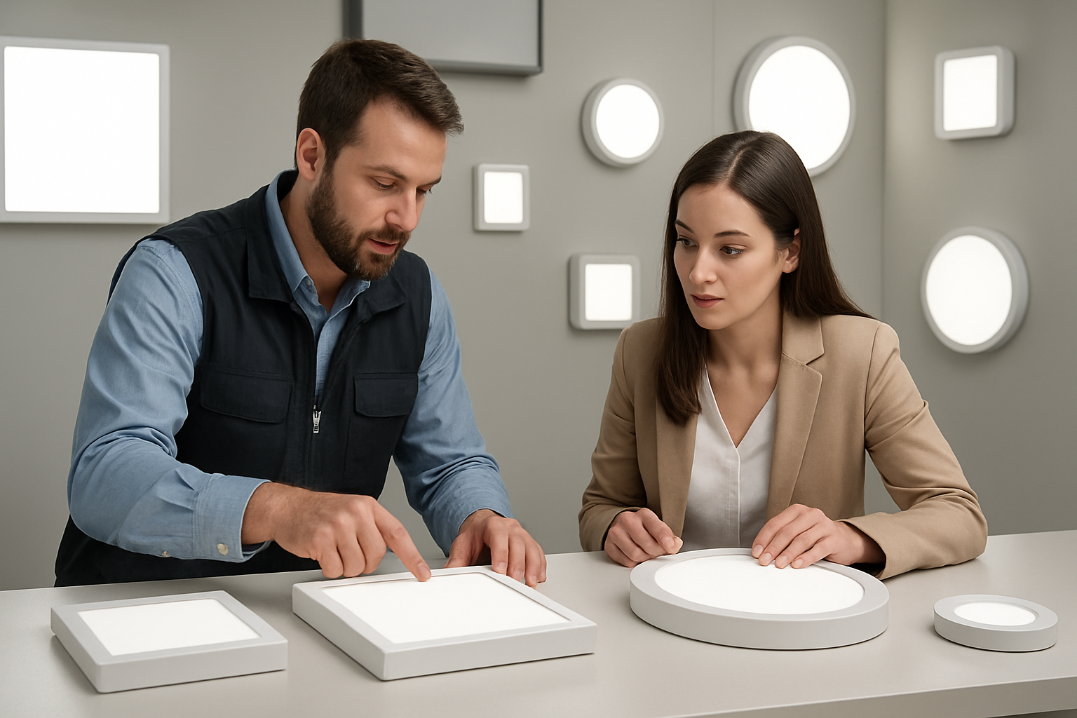 Buyer and lighting specialist reviewing surface-mounted LED panel light samples in a showroom