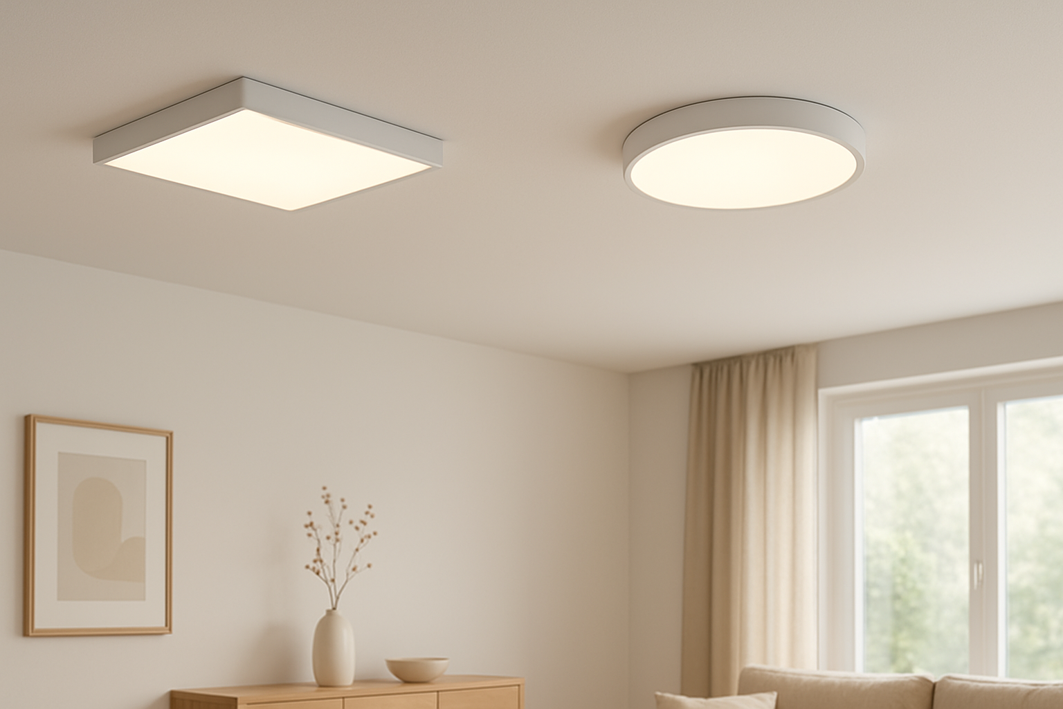 Surface-mounted LED panel lights in a modern home interior and office context