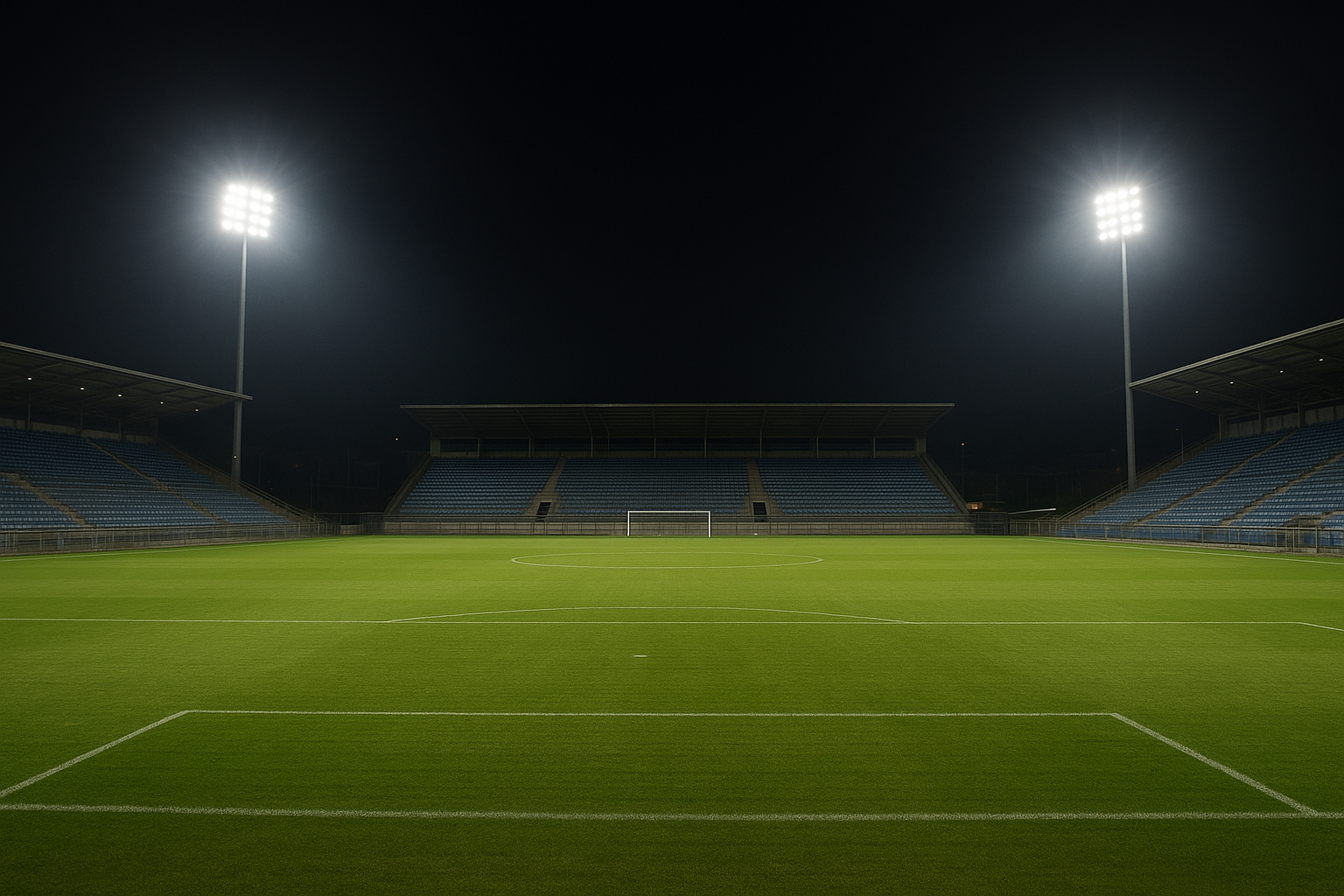 Sports stadium field lighting at night showing uniform LED flood light illumination