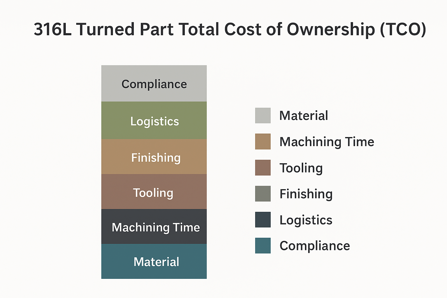 573d7701 0dc9 4dc8 83be f18defc85204 Chart: Stacked bar showing 316L part TCO breakdown (material, machining time, tooling, finishing, logistics, compliance)