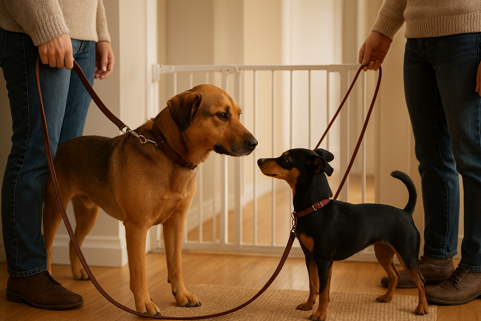 Two dogs meeting calmly near a baby gate during a structured home arrival