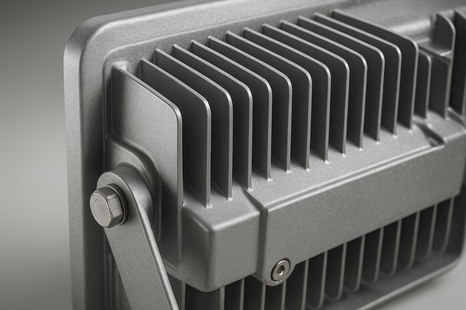 LED flood light heat sink and aluminum housing close-up emphasizing thermal design