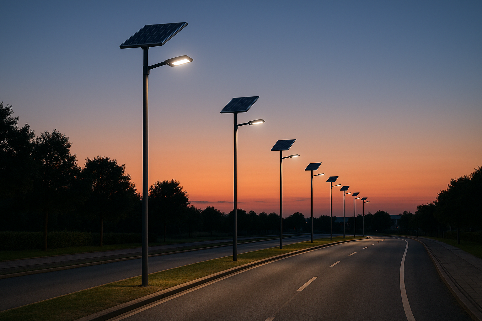 Municipal solar street lighting corridor at dusk