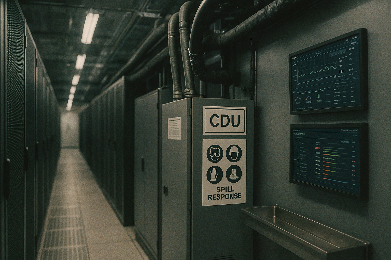 Data center liquid cooling loops with CDU cabinet, safety signage, and monitoring dashboards