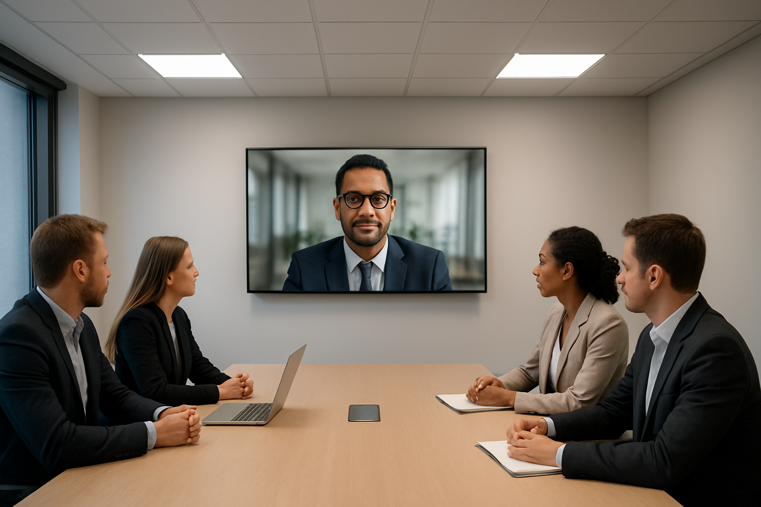 Meeting room scene with natural-looking skin tones under comfortable LED panel lighting