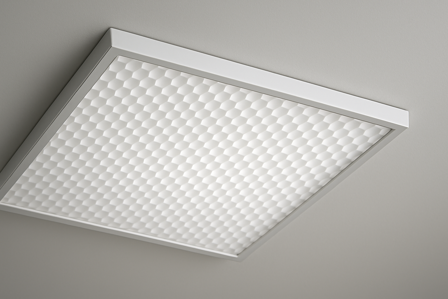 Close-up of an anti-glare surface-mounted LED panel light optic detail