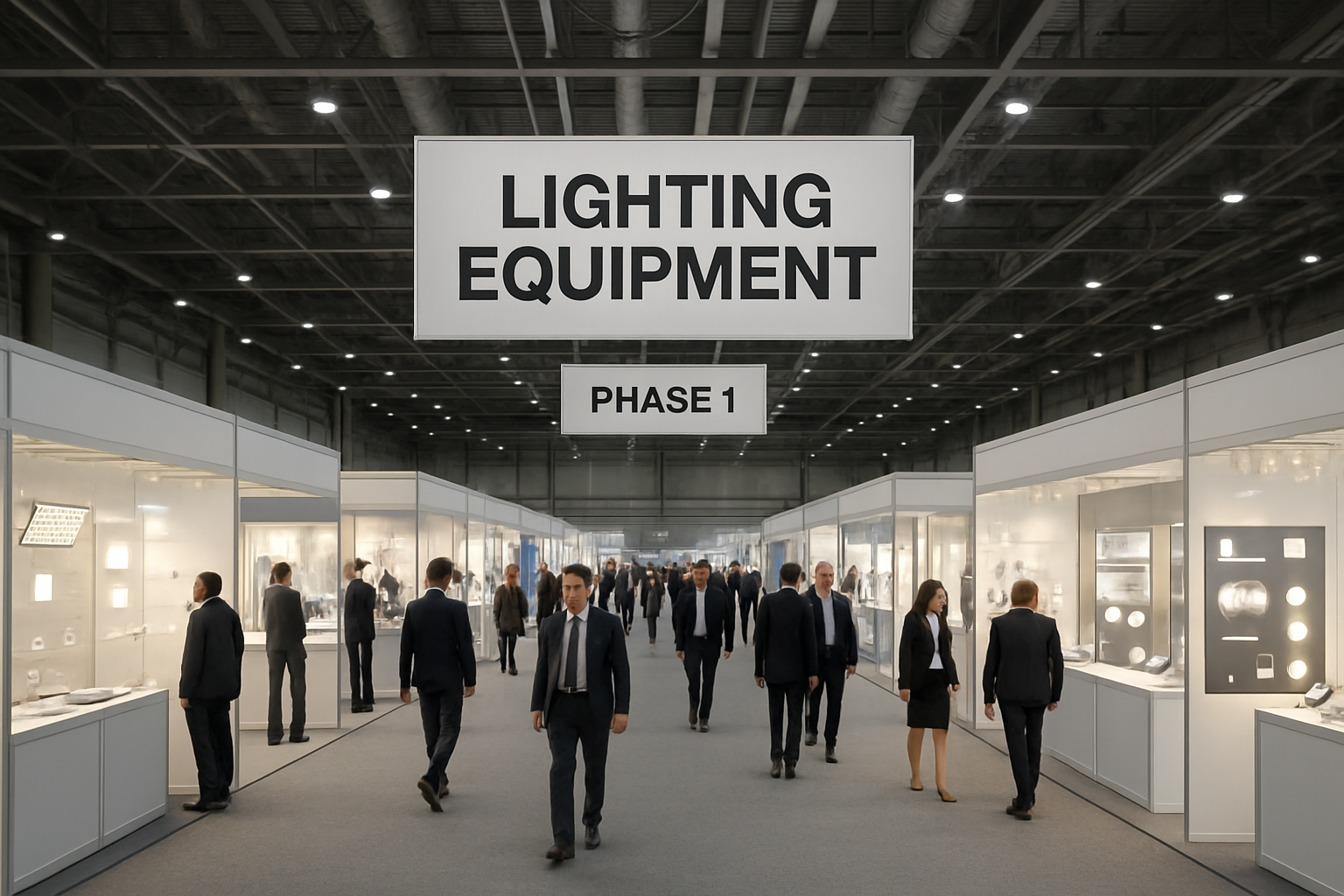 A Phase 1 “Lighting Equipment” exhibition aisle with buyers comparing LED displays