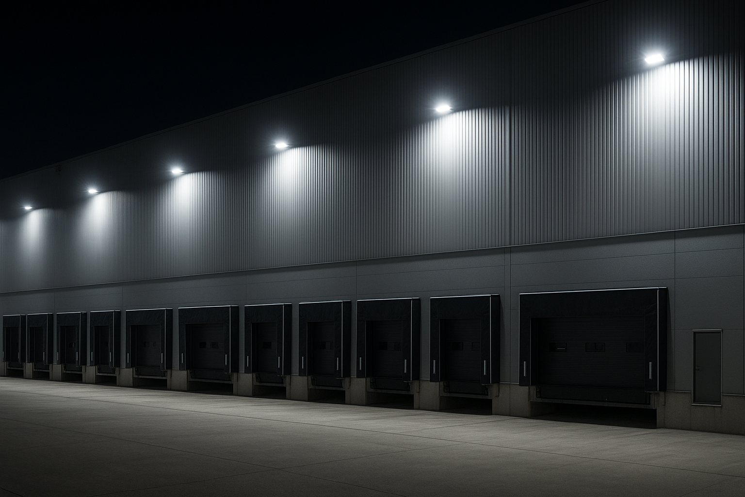 Warehouse exterior lighting illustrating usable light on target and spill control
