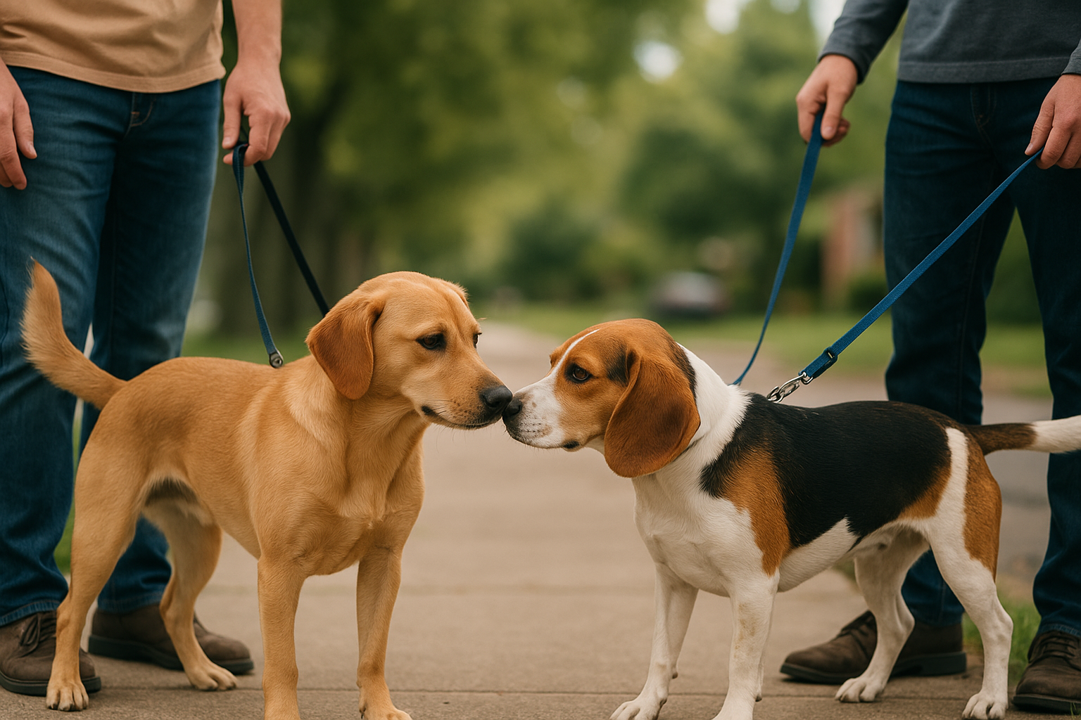 Two calm dogs meeting with handlers, illustrating a compatibility check