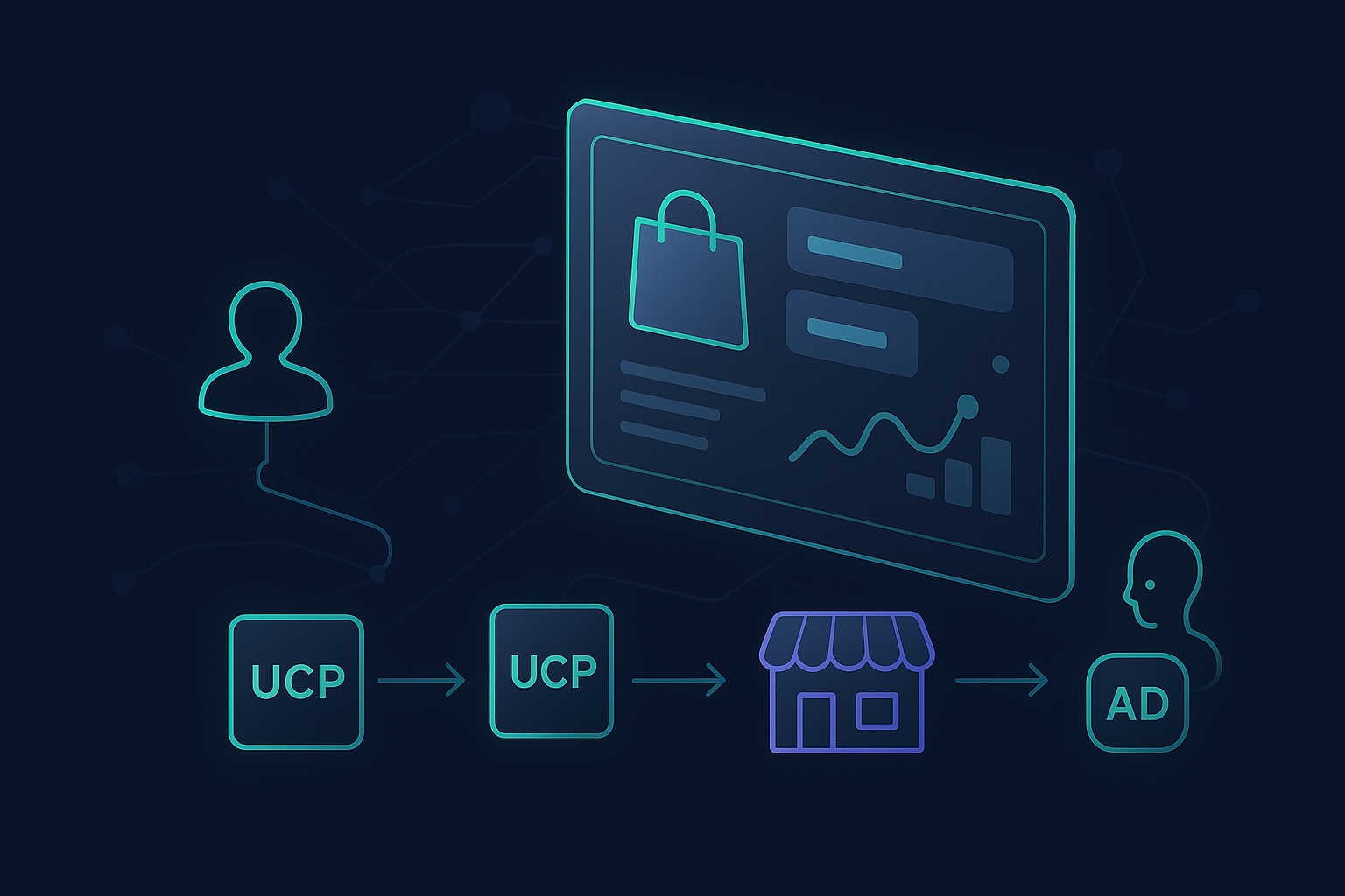 Futuristic agentic commerce and server-side attribution cover image in Attribuly-inspired neon mint and purple on a dark background