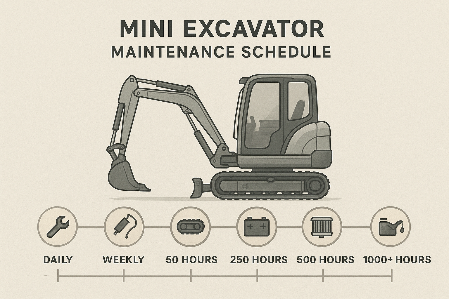 Mini excavator maintenance schedule infographic