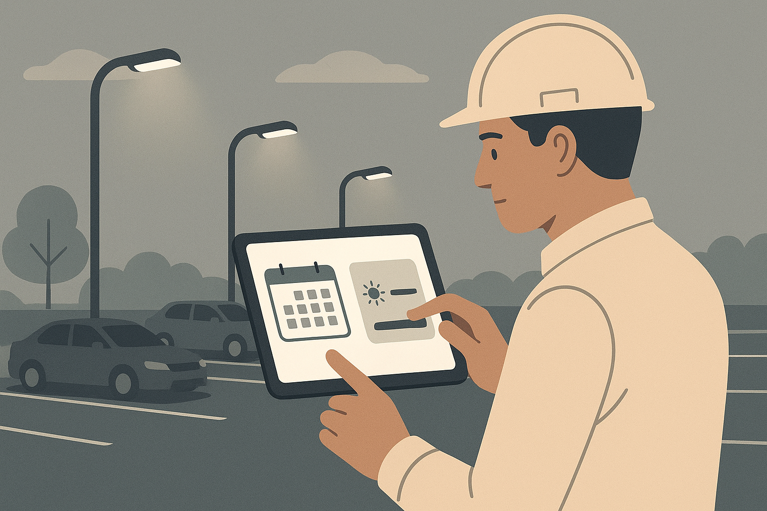 Facility manager using a tablet to schedule and dim outdoor site lighting