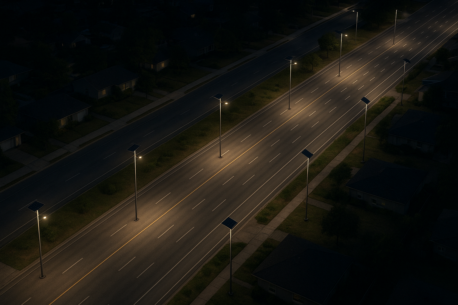 Roadway classes at night with different pole heights and spacing