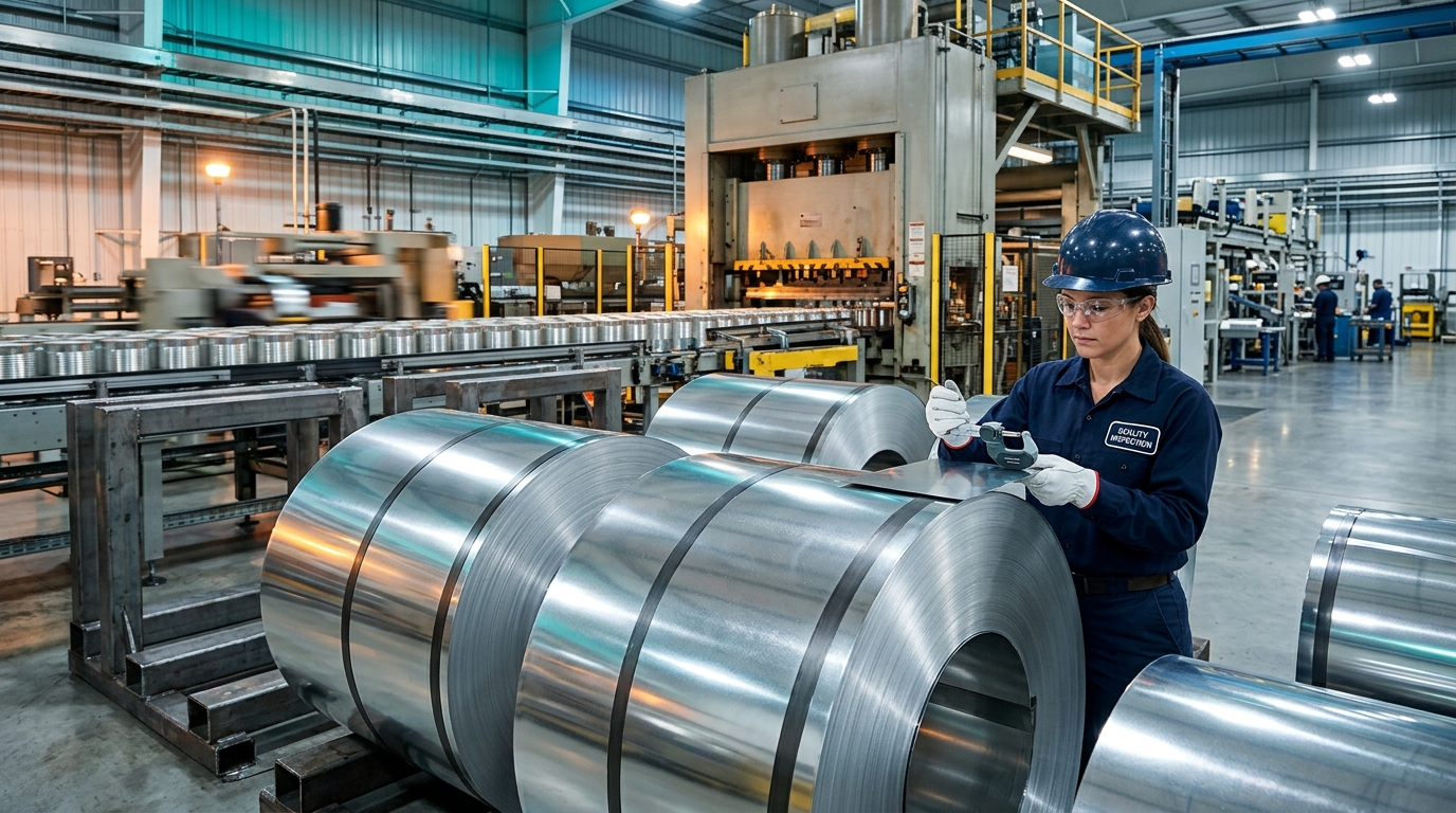 Tinplate coils on a can manufacturing line being checked for thickness by a quality inspector with a micrometer