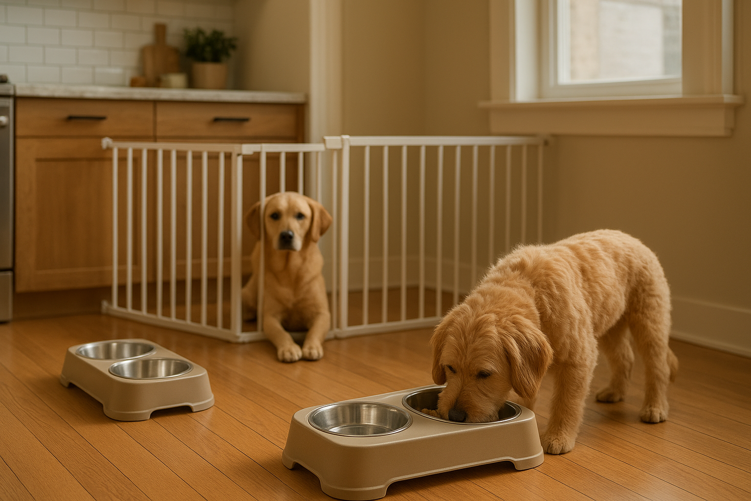 Two separate feeding stations in a kitchen with a baby gate for calm meals