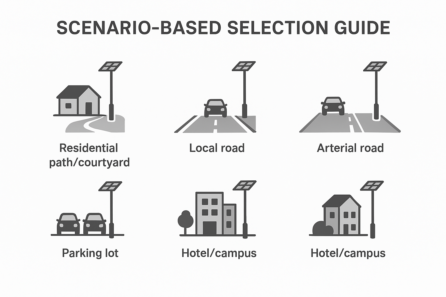 Illustrated map of typical application scenarios: residential paths, roads, parking lots, and campuses