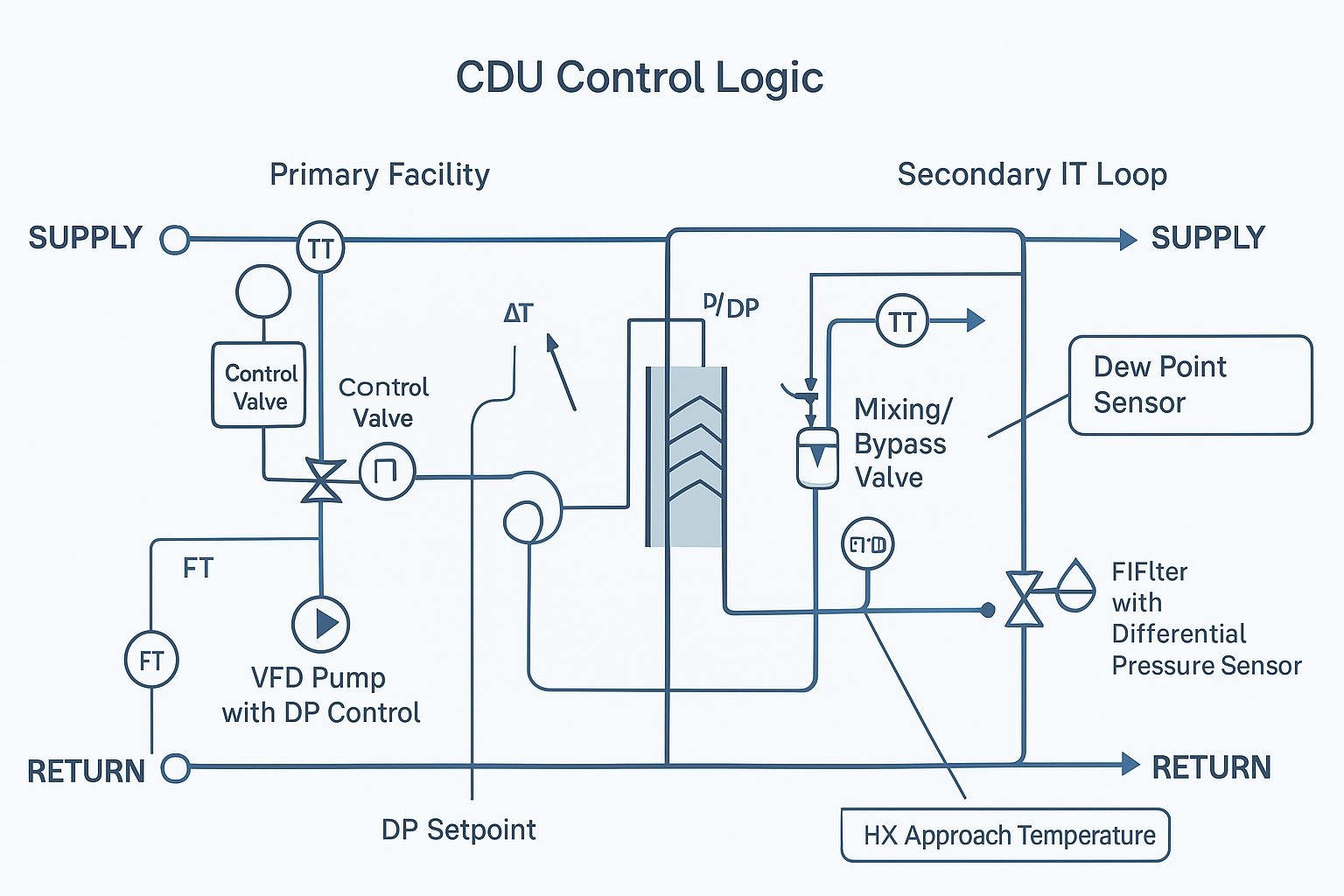 CDU control logic schematic showing primary/secondary loops, plate heat exchanger, sensors, valves, VFD pump DP control, dew point sensor, and key setpoints.