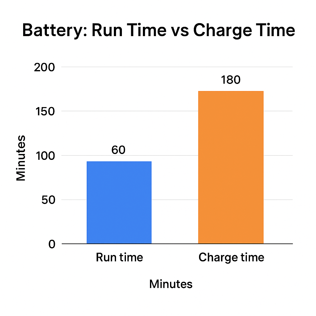 Battery chart comparing 60 minutes run time vs 180 minutes charge time