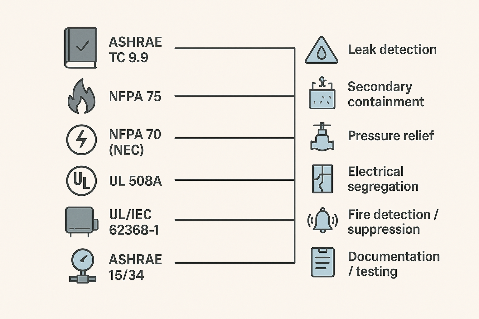 Infographic map linking ASHRAE, NFPA, UL/IEC, and pressure codes to key controls for liquid cooling safety