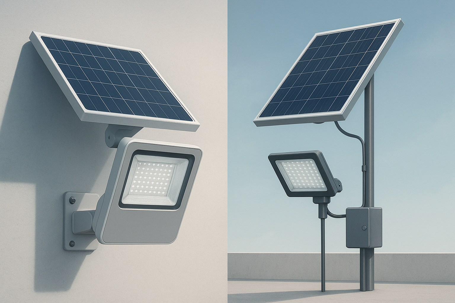 Integrated vs split-type solar flood light architecture overview (integrated left, split-type right)