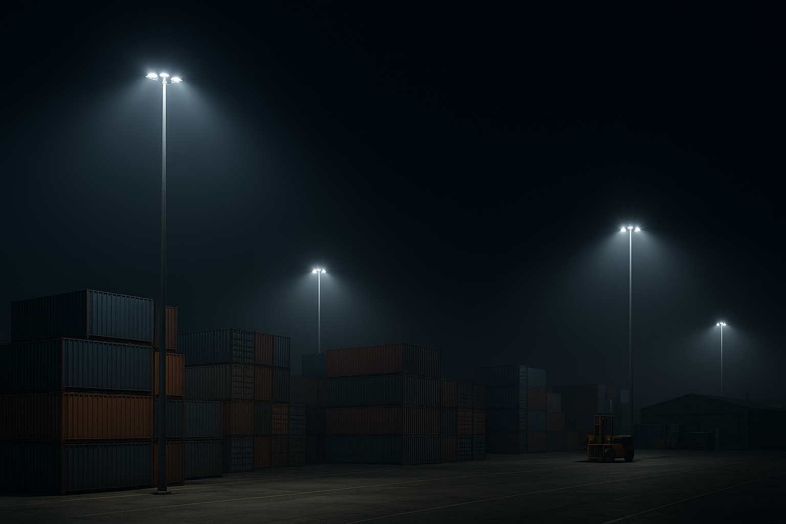 LED mast lighting in an industrial yard at night