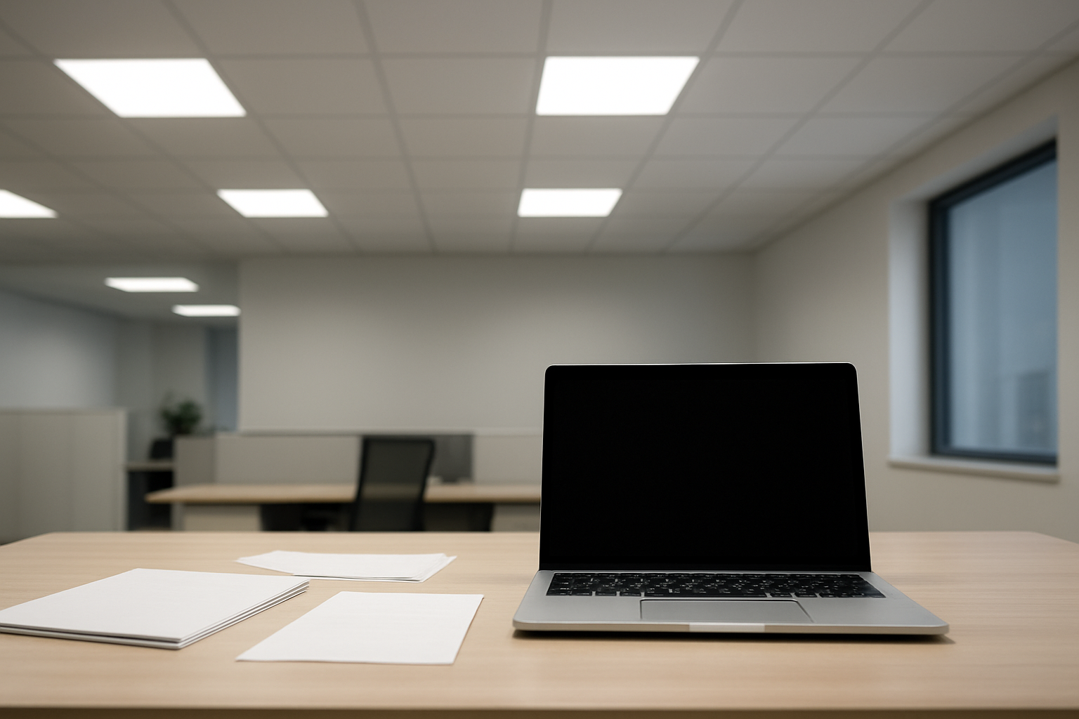 Evenly lit desk workplane under overhead surface-mounted LED panel lights