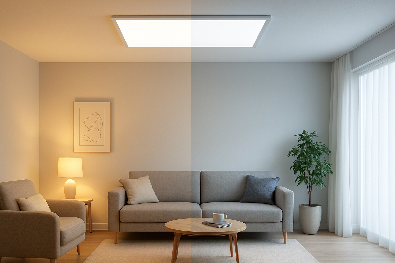 Room lit by surface-mounted LED panel lights showing warm and cool CCT zones