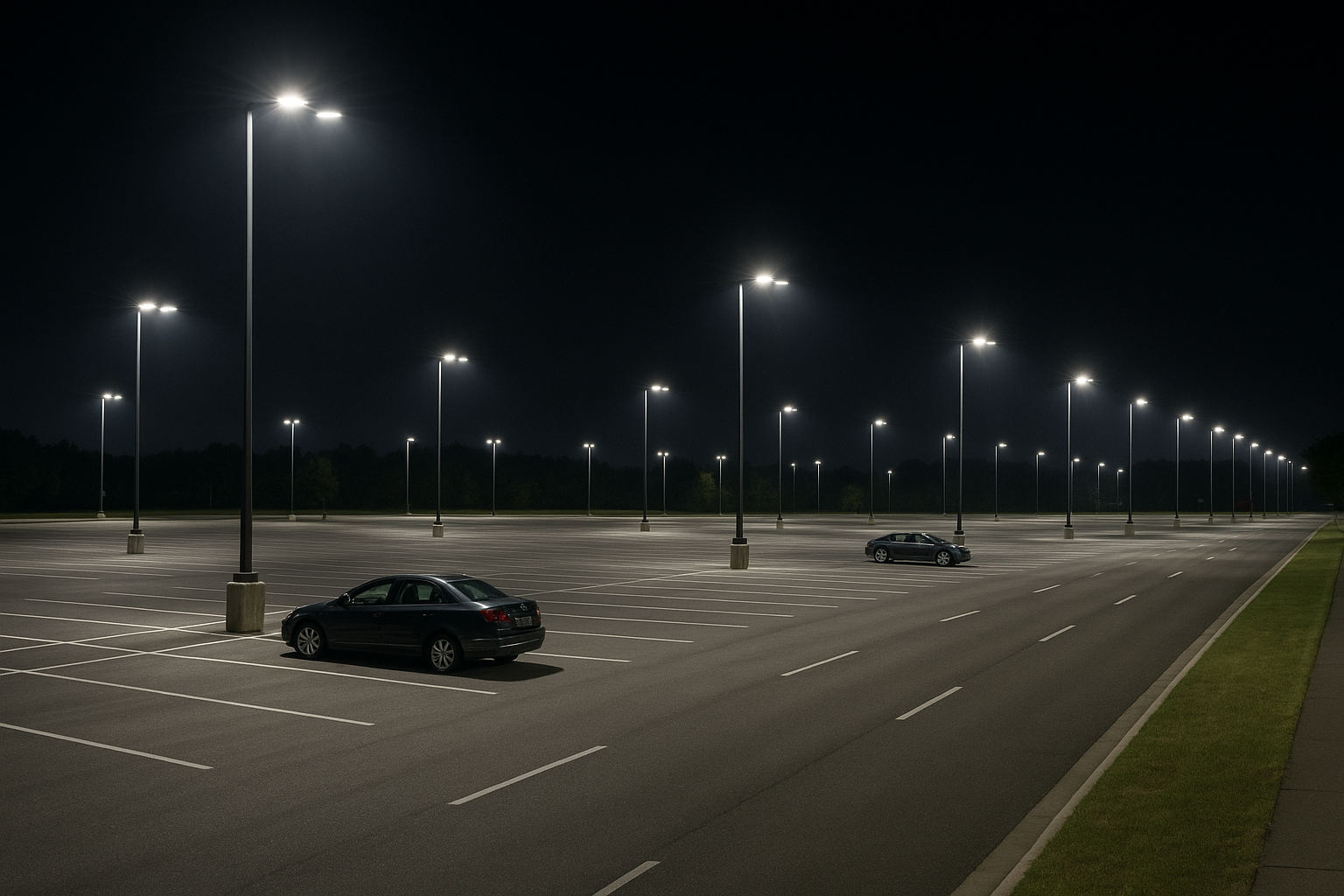 Parking lot and roadway illuminated by LED flood lights with controlled glare