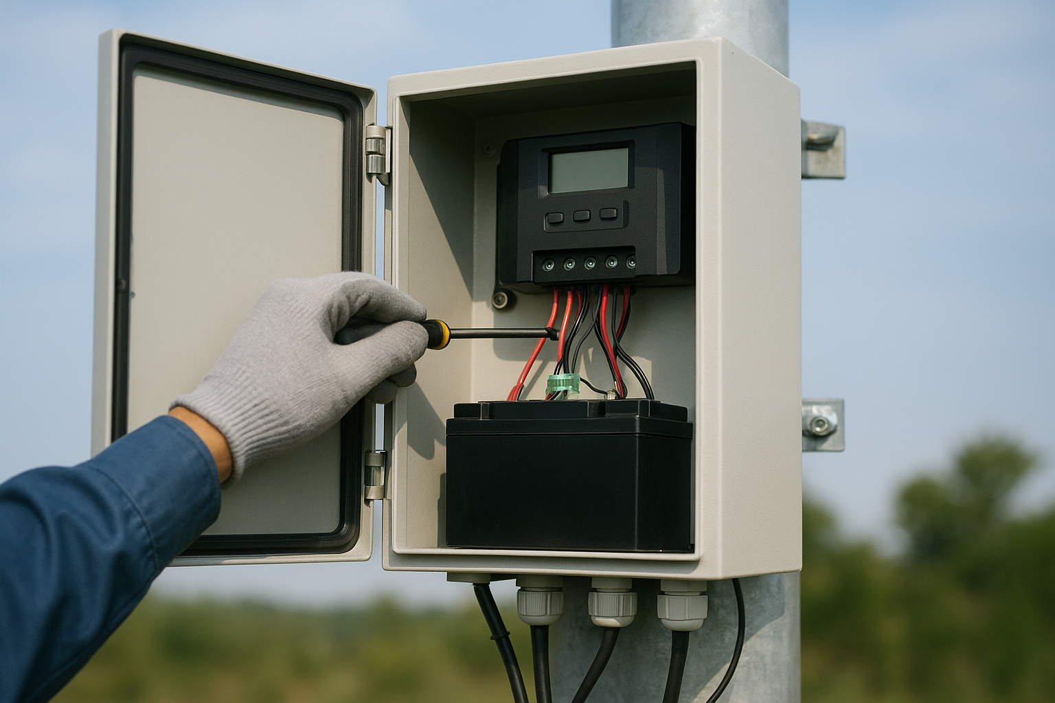 Technician servicing a pole-mounted controller and battery enclosure
