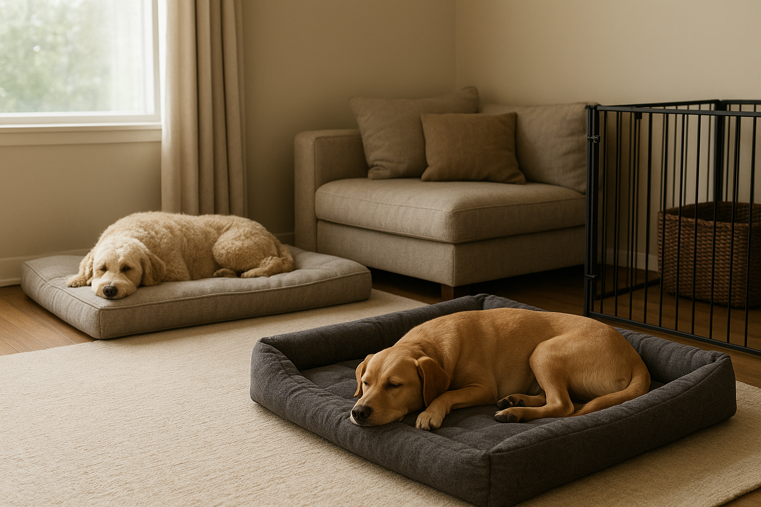 Two dogs relaxing in separate rest zones in a home with a pen for management
