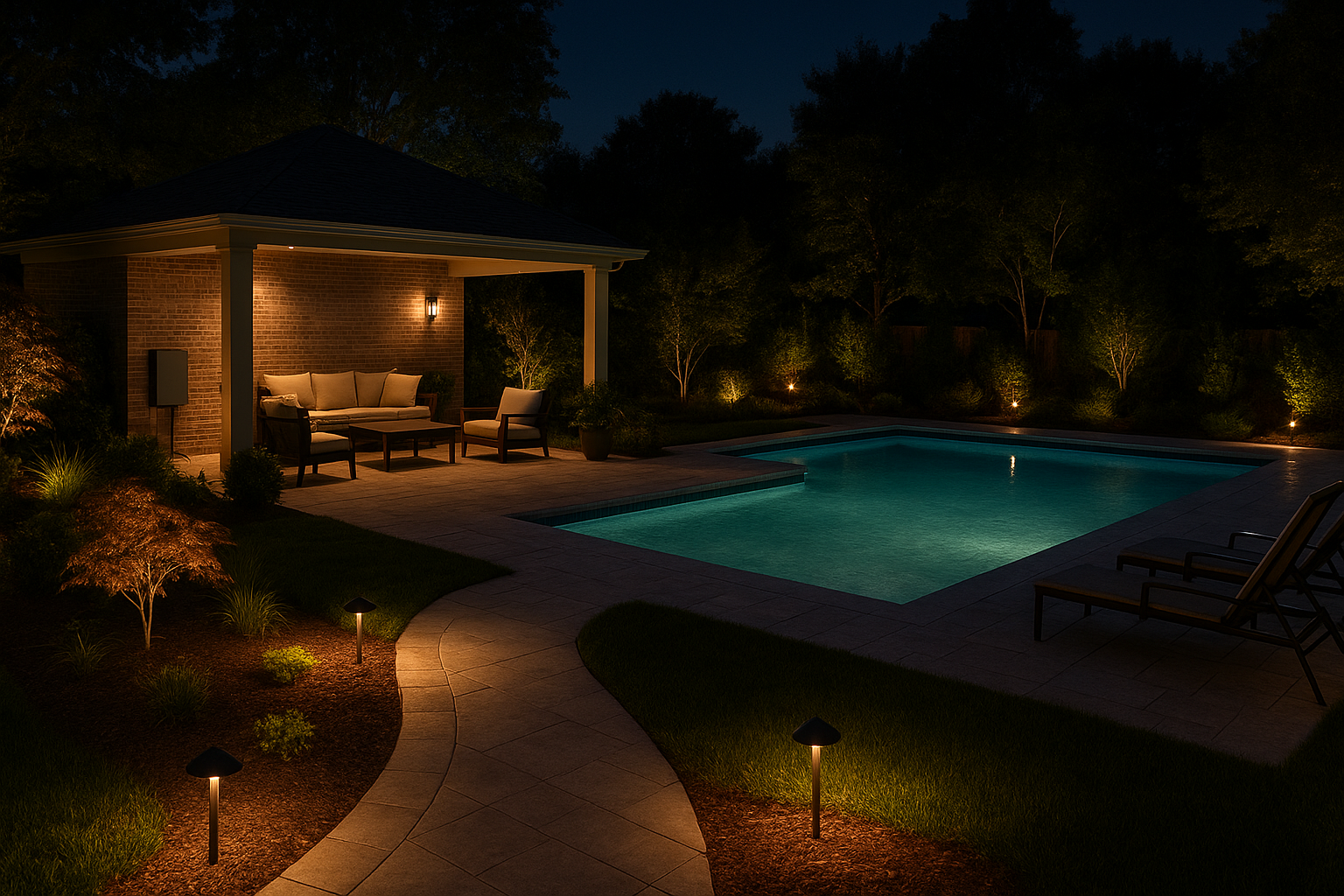 Residential patio and pool outdoor lighting with smart control scenes