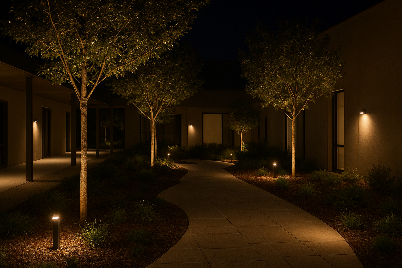 Guest-facing courtyard and landscape lighting with a clean, low-glare aesthetic at night