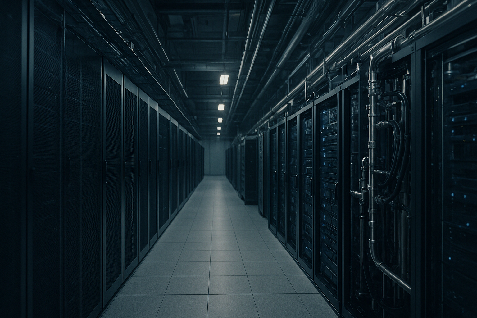 A modern AI data hall with air- and liquid-cooled racks and heat-rejection piping